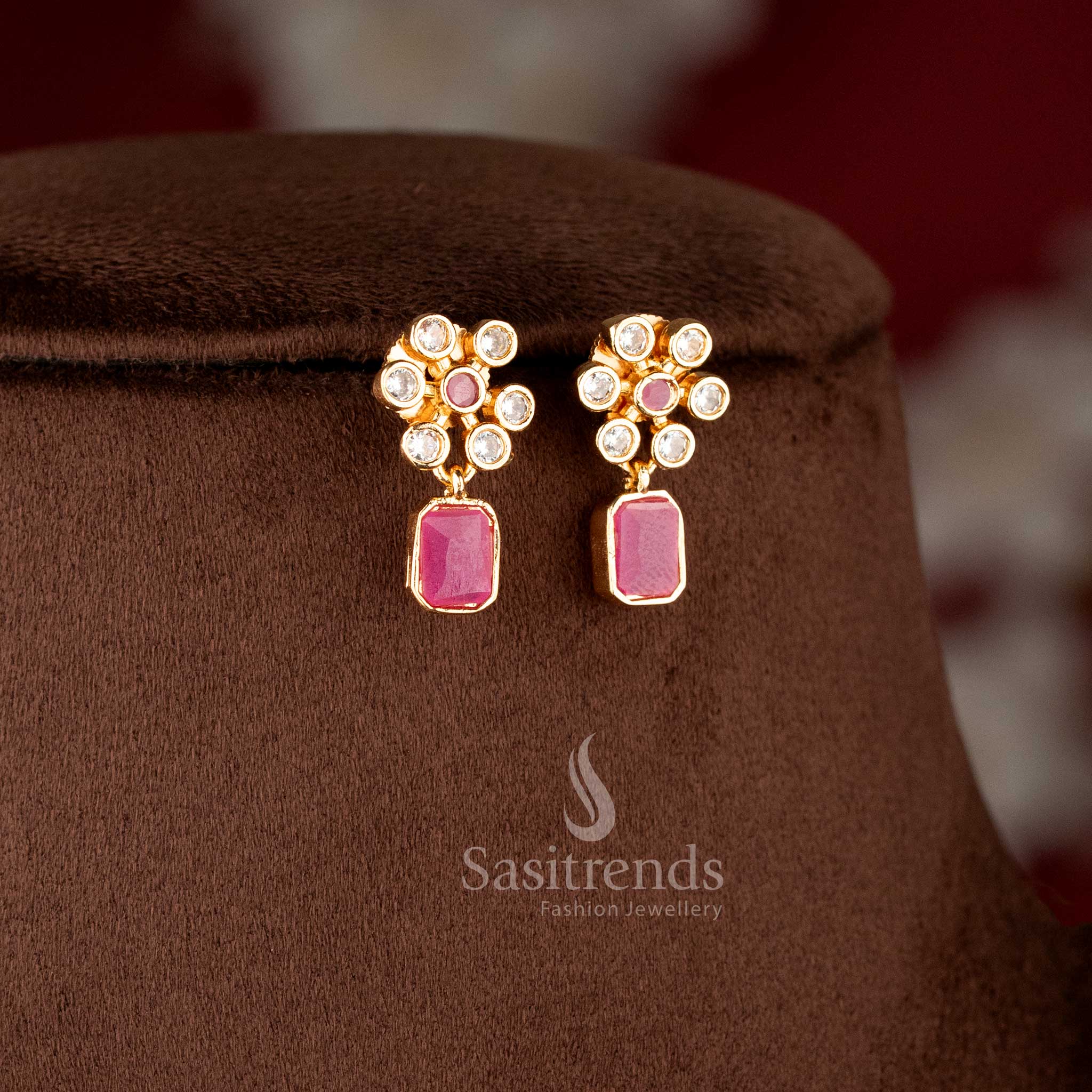 Matching Earrings American diamond stone jewellery set with White-Ruby-color stones, matte gold plating, and a floral design, perfect for women - Sasitrends