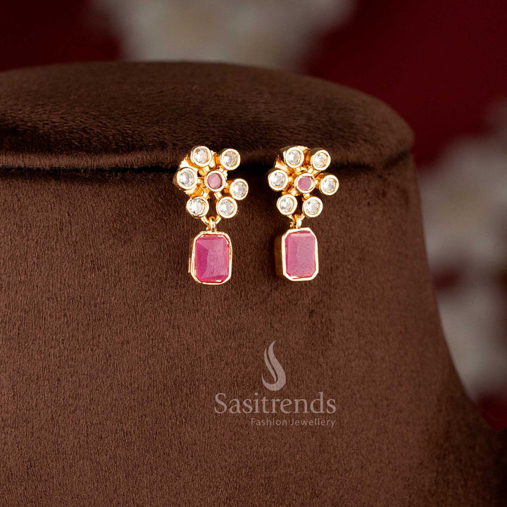 Matching Earrings American diamond stone jewellery set with White-Ruby-color stones, matte gold plating, and a floral design, perfect for women - Sasitrends