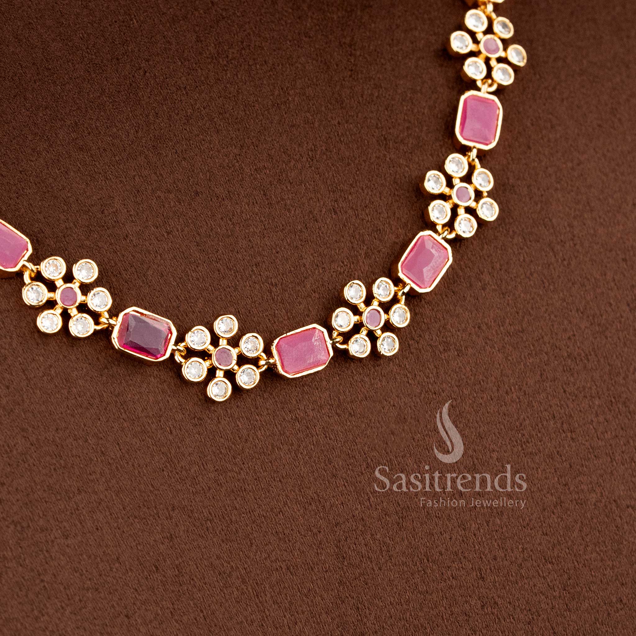 American diamond stone jewellery set with White-Ruby-color stones, matte gold plating, and a floral design, perfect for women - Sasitrends