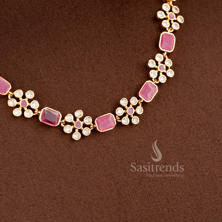 American diamond stone jewellery set with White-Ruby-color stones, matte gold plating, and a floral design, perfect for women - Sasitrends