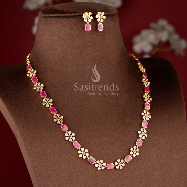 Trendy party wear American diamond stone jewellery set with White-Ruby-color stones, matte gold plating, and a floral design, perfect for women - Sasitrends