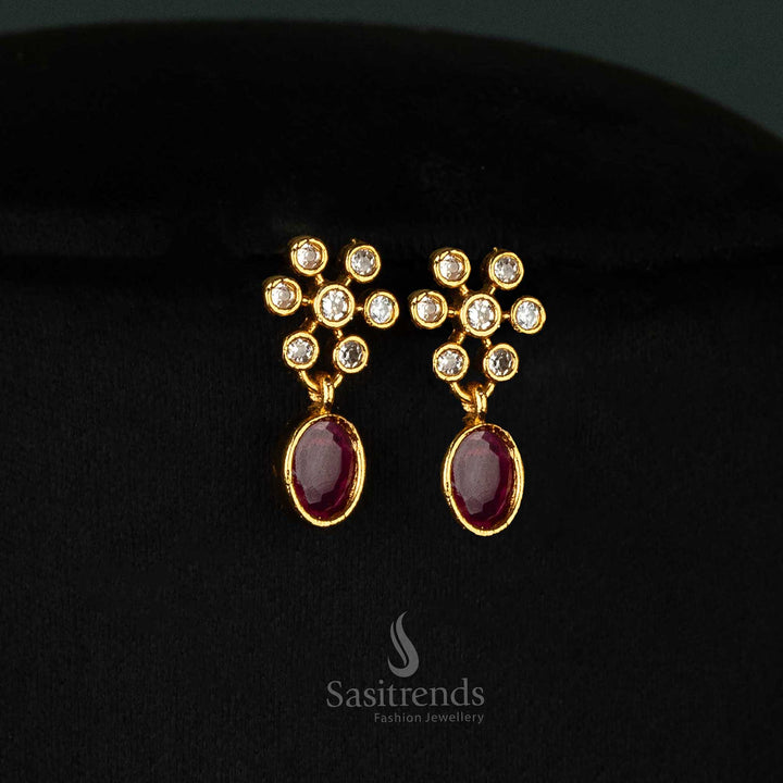 Trendy temple matte gold-plated jewellery set with flower and oval patterns, ruby accents, and sparkling American diamonds, perfect for women - Sasitrends