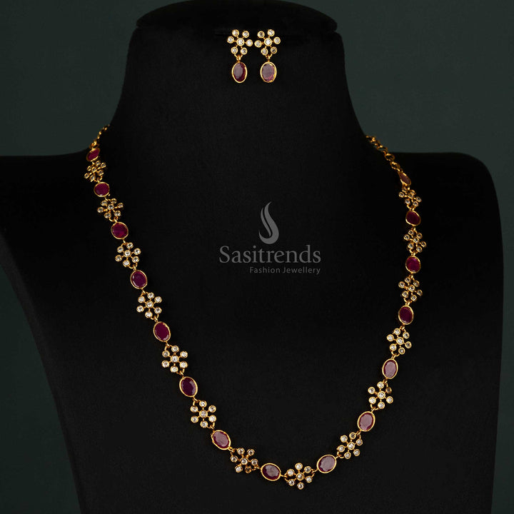 Trendy temple matte gold-plated jewellery set with flower and oval patterns, ruby accents, and sparkling American diamonds, perfect for women - Sasitrends