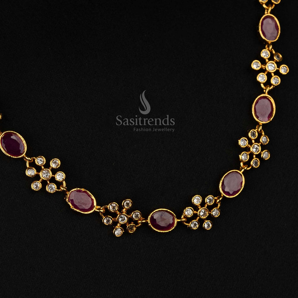 Trendy temple matte gold-plated jewellery set with flower and oval patterns, ruby accents, and sparkling American diamonds, perfect for women - Sasitrends