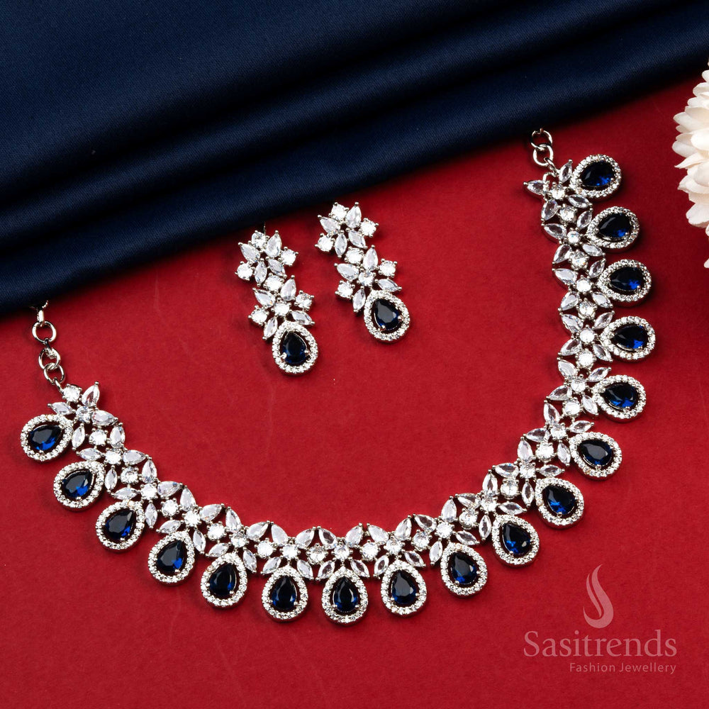 Gorgeous blue AD jewellery with a refined rhodium silver tone – a vibrant choice for sarees, festivals, and upscale functions – Sasitrends