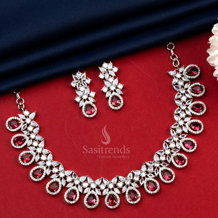 Luxurious red AD jewellery with radiant silver-tone rhodium plating – designed for weddings and ethnic outfits – Sasitrends