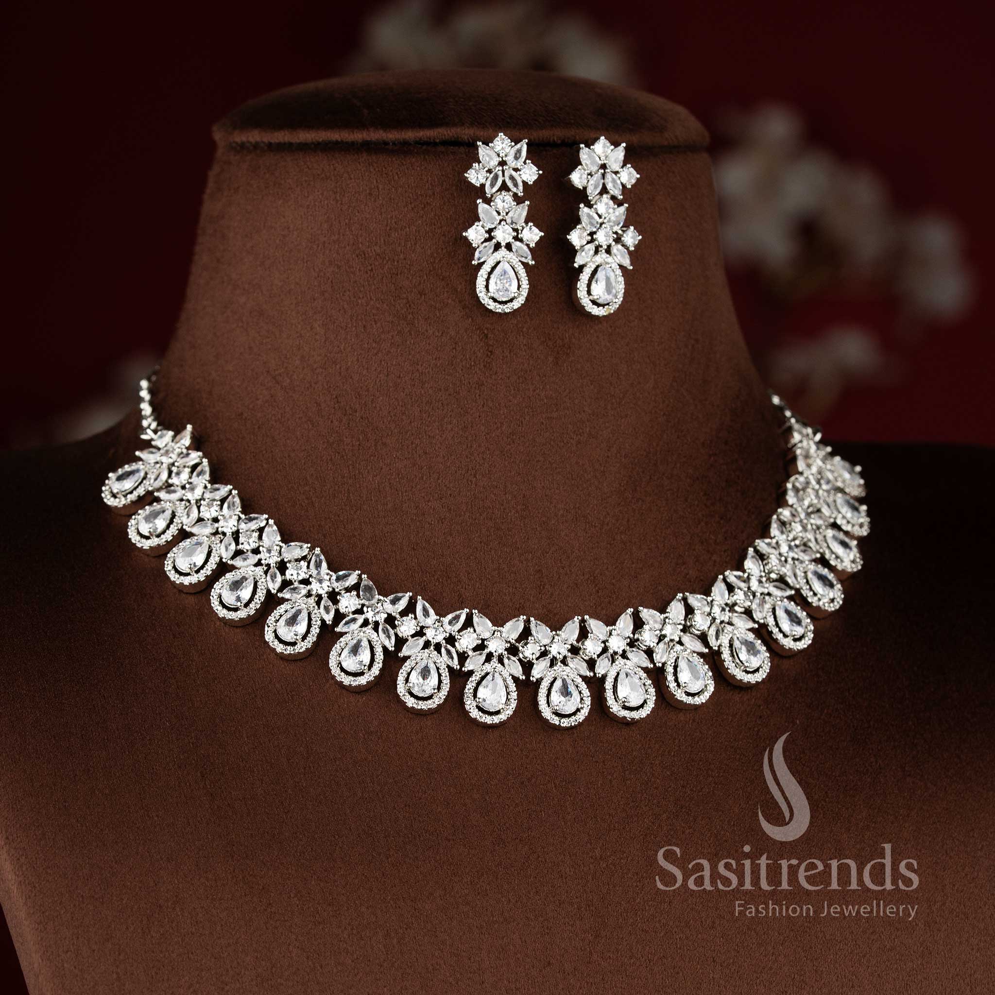 Dazzling white AD jewellery with rhodium polish, crafted for bridal wear and cocktail parties – pure sophistication in every sparkle – Sasitrends