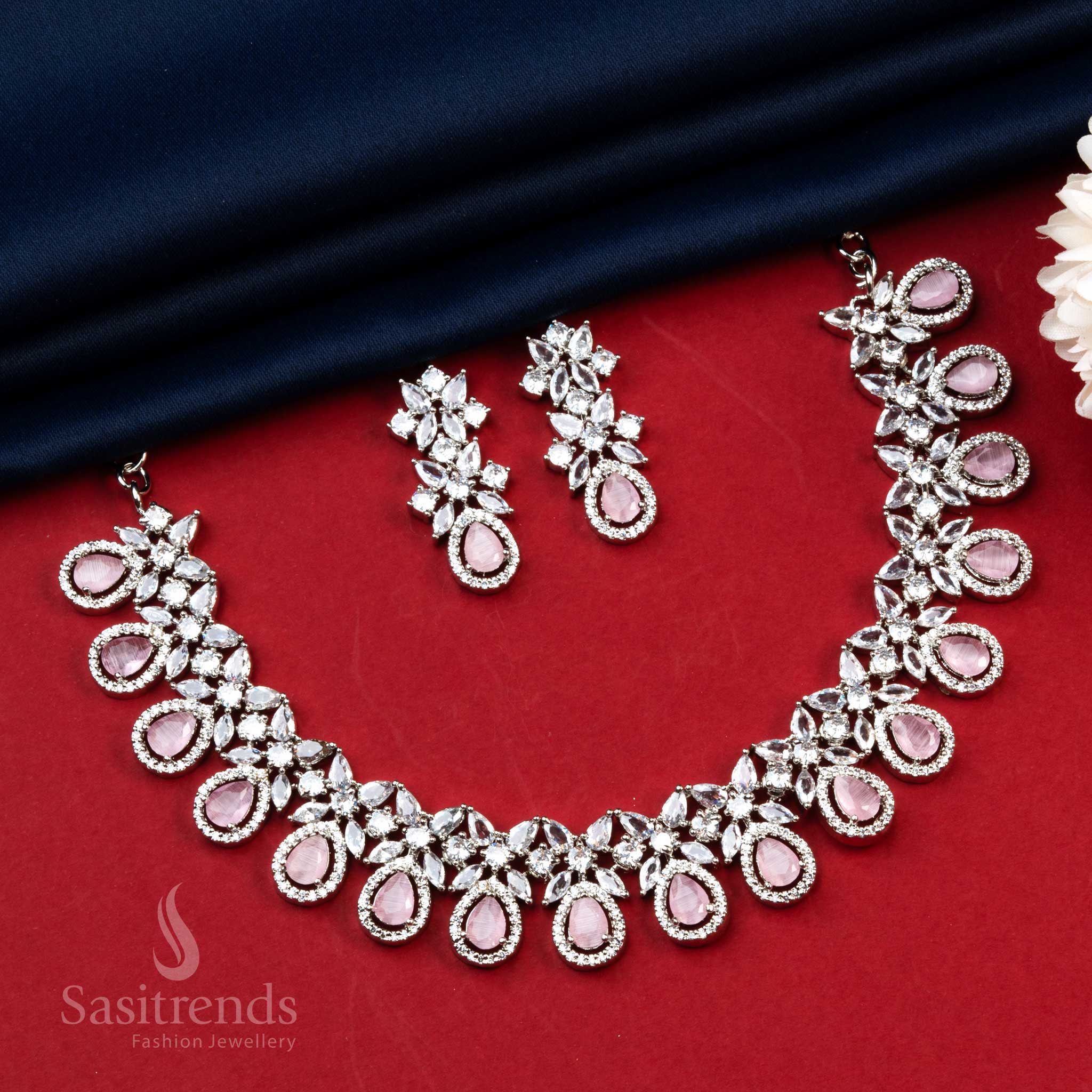 Trendy pink stone AD jewellery set with rhodium coating – combines contemporary charm with traditional sparkle – Sasitrends