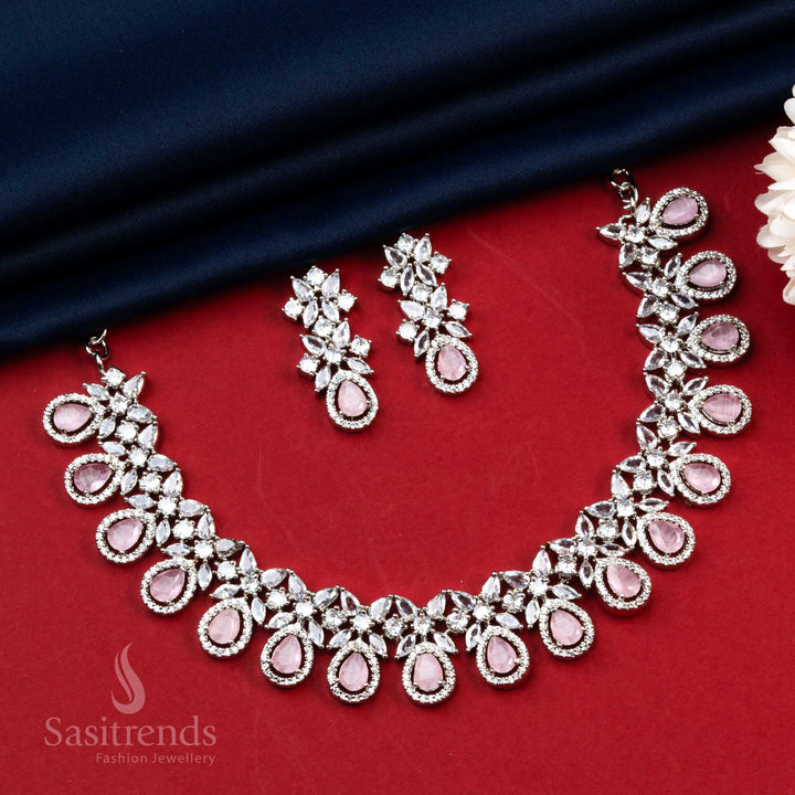 Trendy pink stone AD jewellery set with rhodium coating – combines contemporary charm with traditional sparkle – Sasitrends