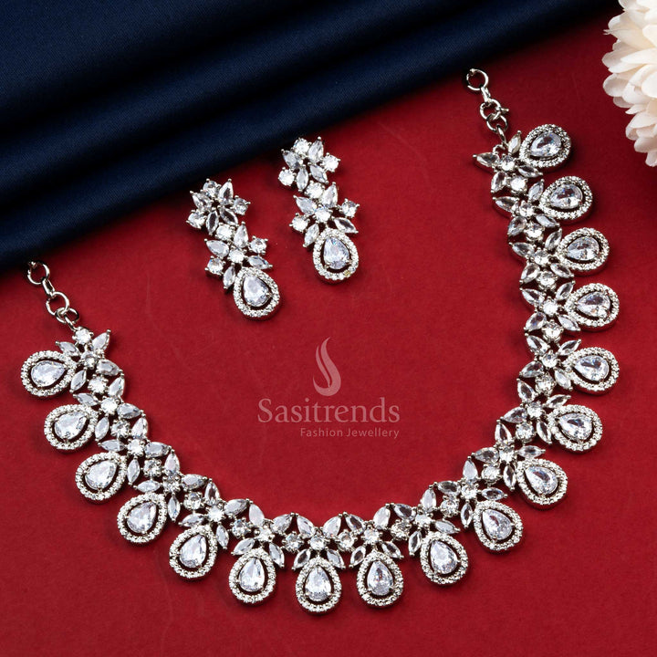Dazzling white AD jewellery with rhodium polish, crafted for bridal wear and cocktail parties – pure sophistication in every sparkle – Sasitrends