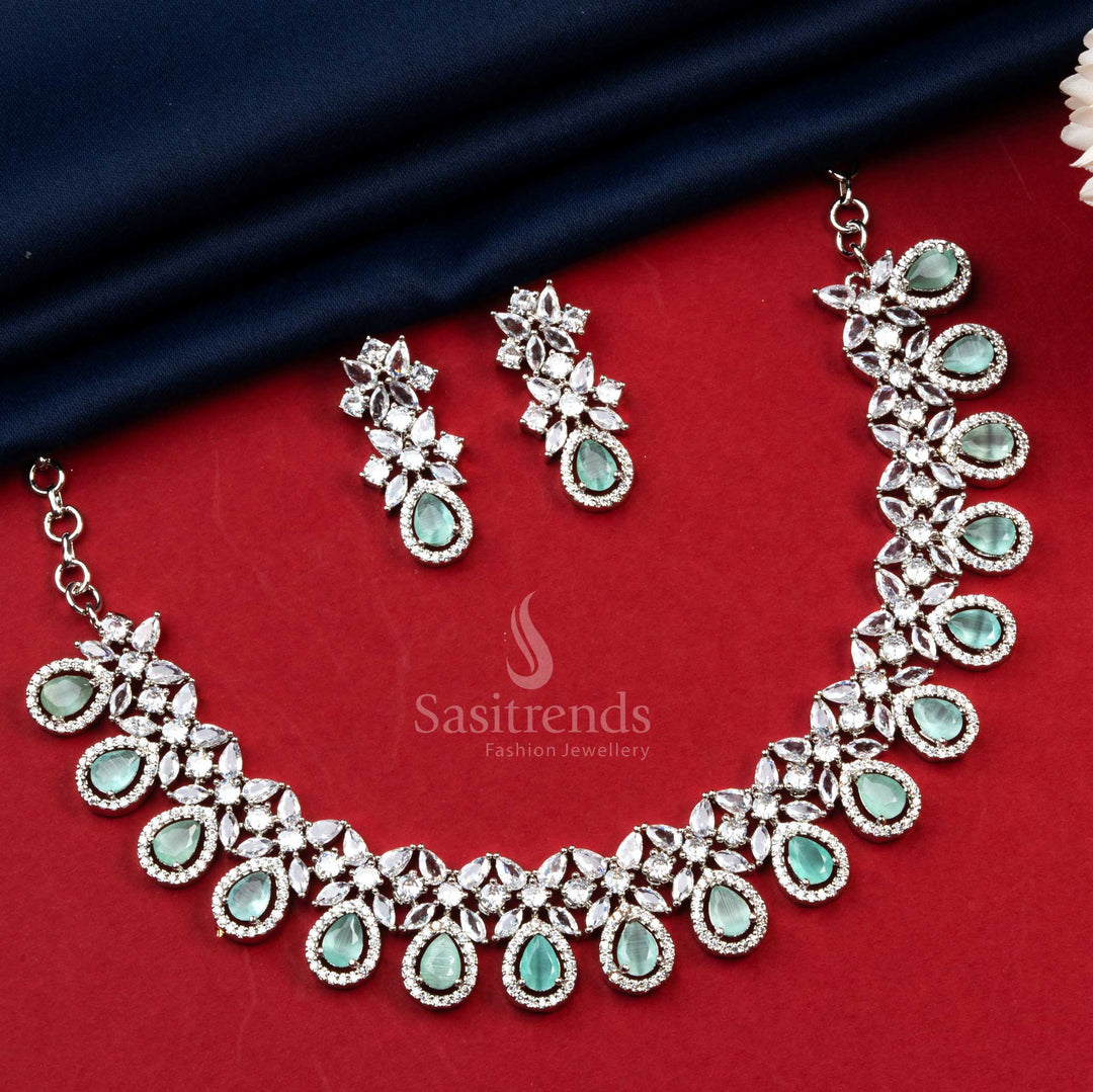 Delicate jewellery set in mint colour with rhodium plated finish – ideal for day functions, sangeet, and stylish ethnic looks – Sasitrends