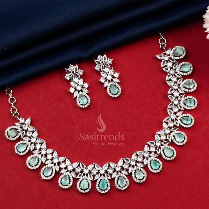 Trendy Party Wear Rhodium Silver And Rose Gold Plated American Daimond Jewellery Set for Women | Sasitrends