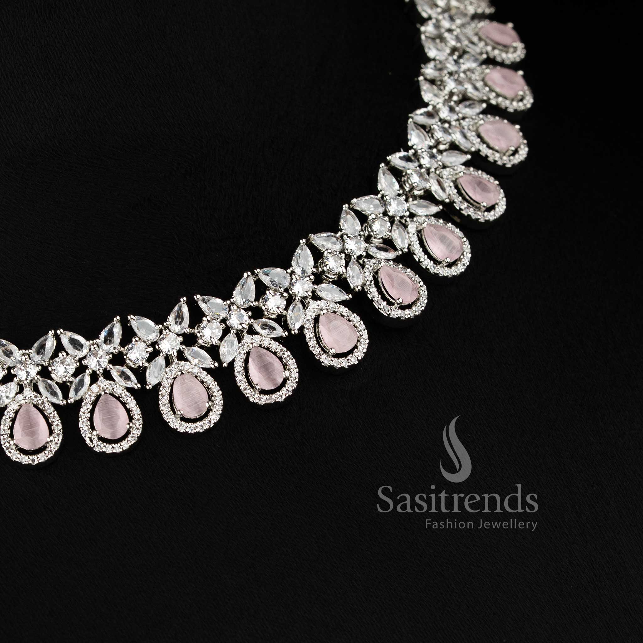Stylish rhodium silver necklace jewellery set with sparkling pink American Diamonds