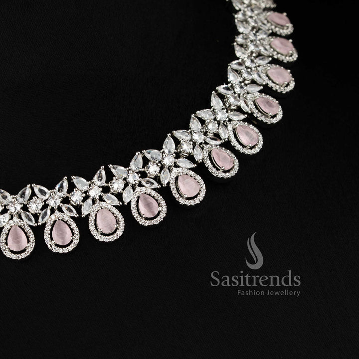 Stylish rhodium silver necklace jewellery set with sparkling pink American Diamonds