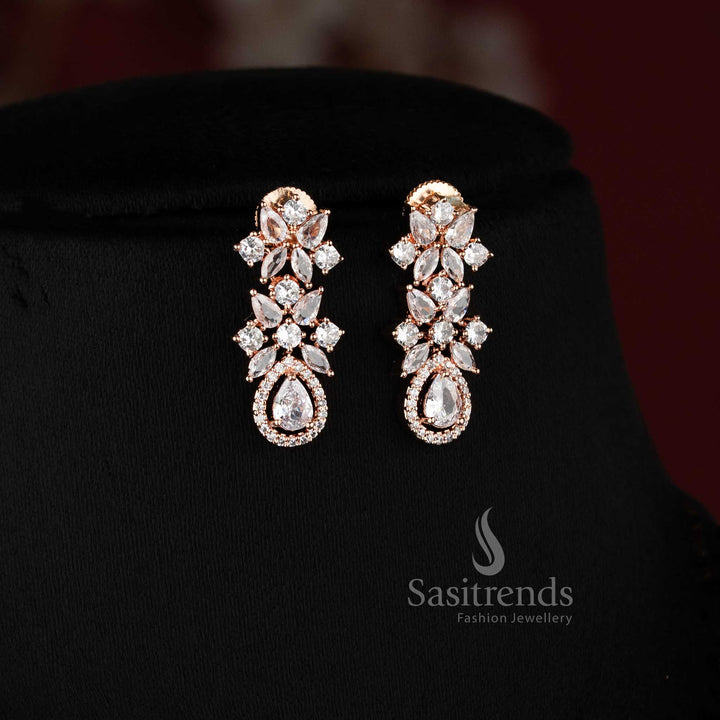 Stylish rose gold necklace jewellery set with sparkling white American Diamonds