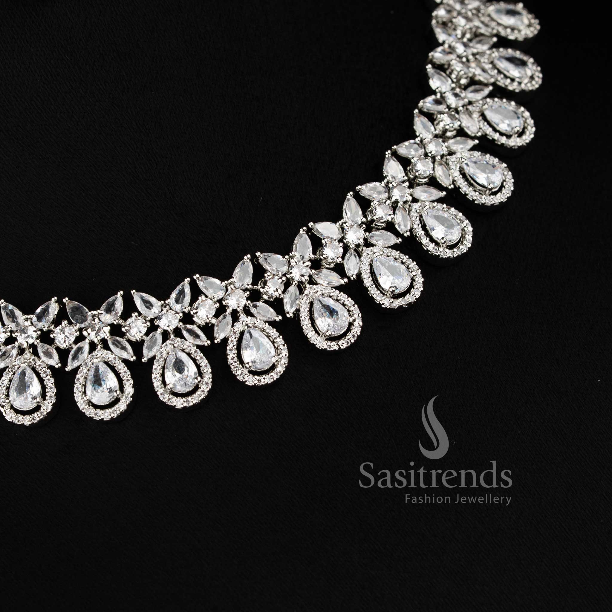 Stylish rhodium silver and rose gold necklace jewellery set with sparkling white American Diamonds.