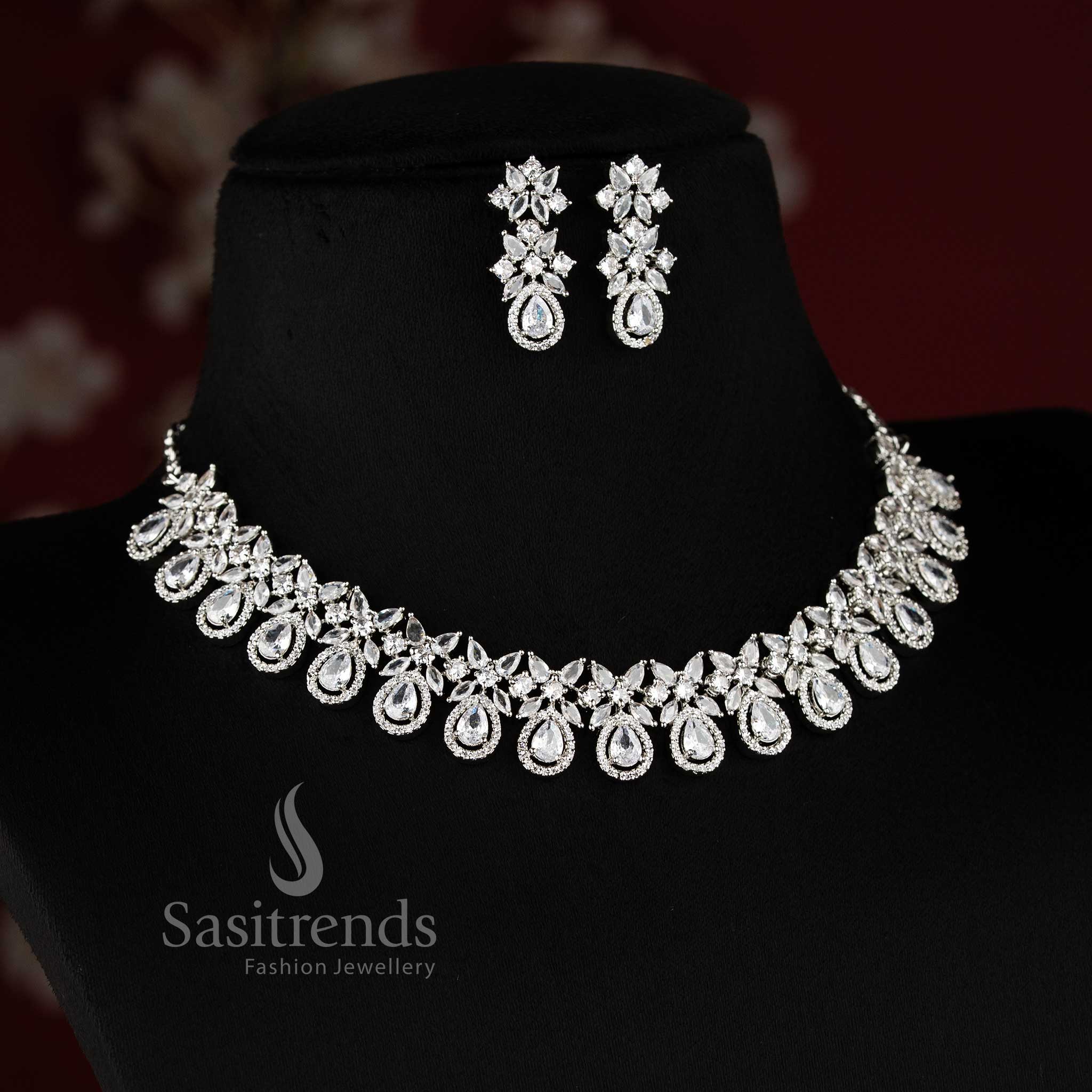 Bridal party wear white American Diamond necklace set with matching earrings for women.