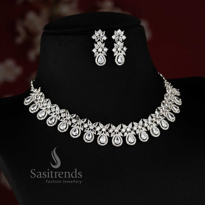 Bridal party wear white American Diamond necklace set with matching earrings for women.