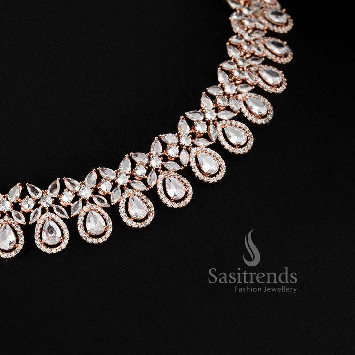 Bridal party wear white American Diamond necklace set with matching earrings for women.