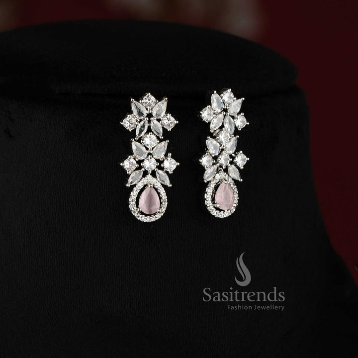 Stylish rhodium silver necklace jewellery set with sparkling pink American Diamonds