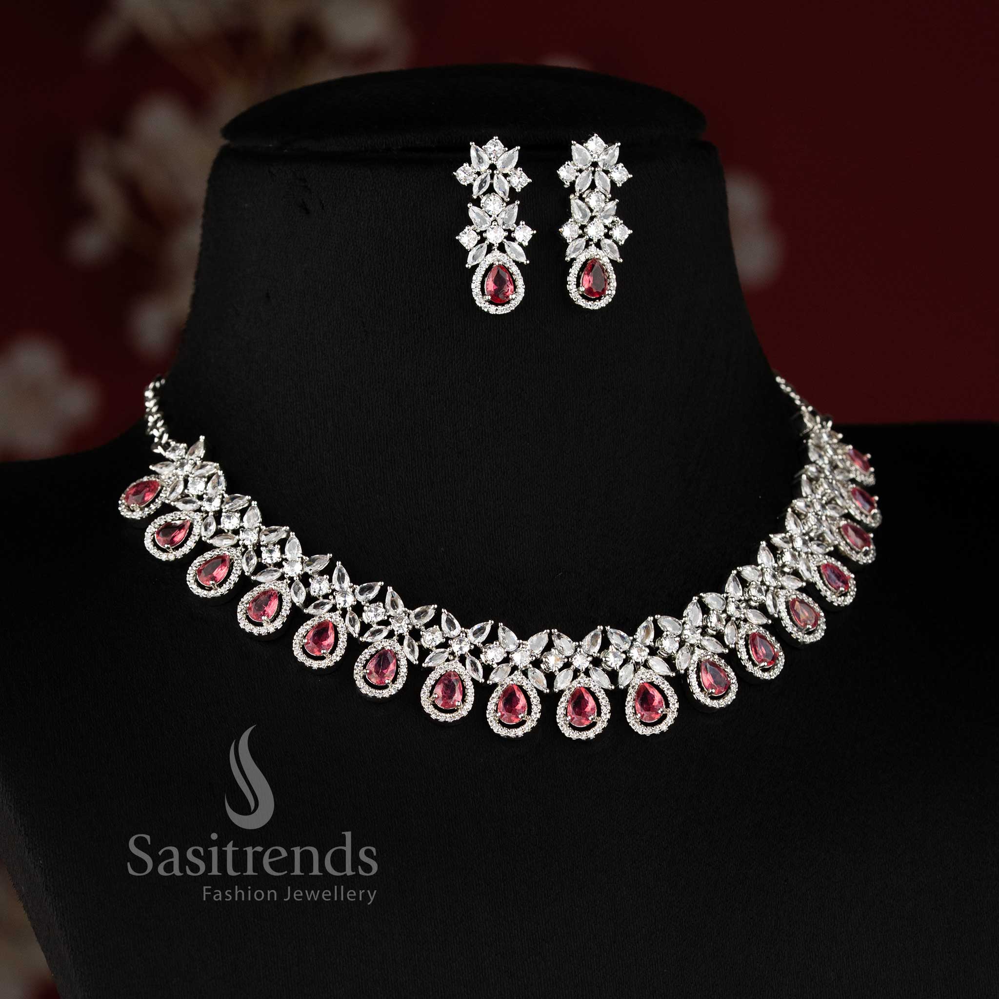 Bridal party wear Red American Diamond necklace set with matching earrings for women.