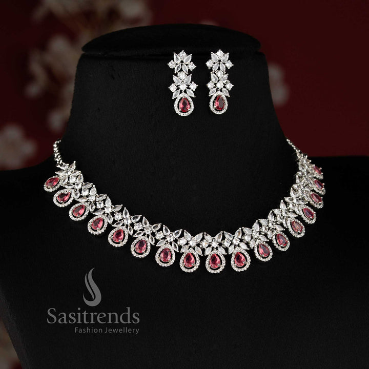 Bridal party wear Red American Diamond necklace set with matching earrings for women.