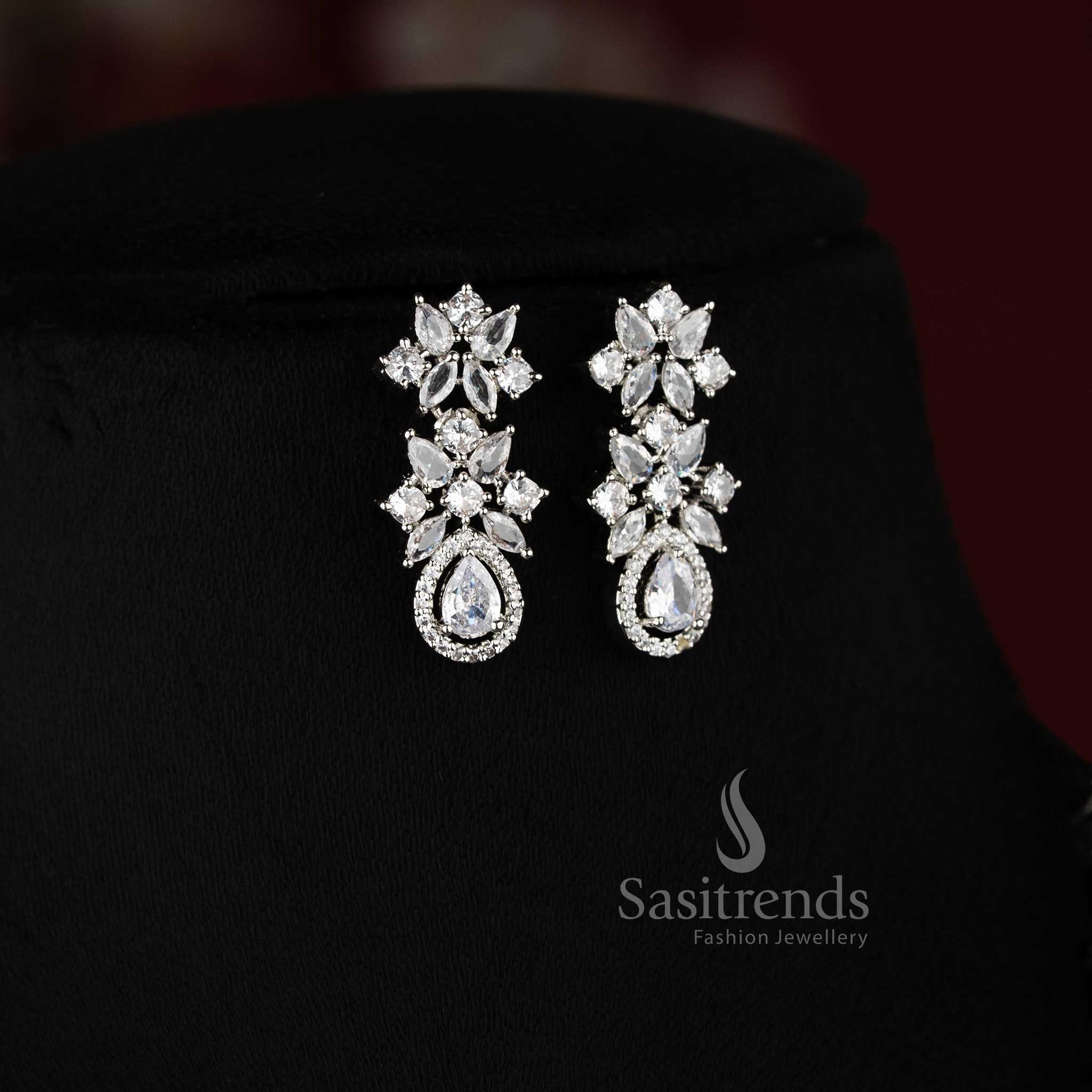 Stylish rhodium silver and rose gold necklace jewellery set with sparkling white American Diamonds.