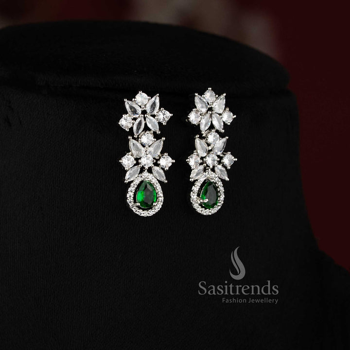 Trendy rhodium silver American Diamond Green stone necklace set by Sasitrends.