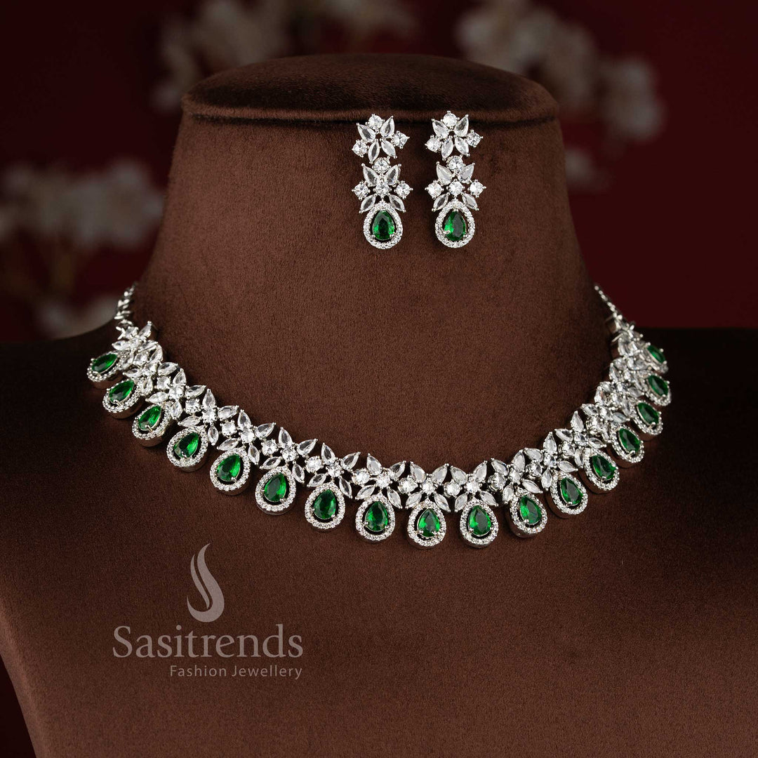 Bridal party wear white American Diamond necklace set with matching earrings for women