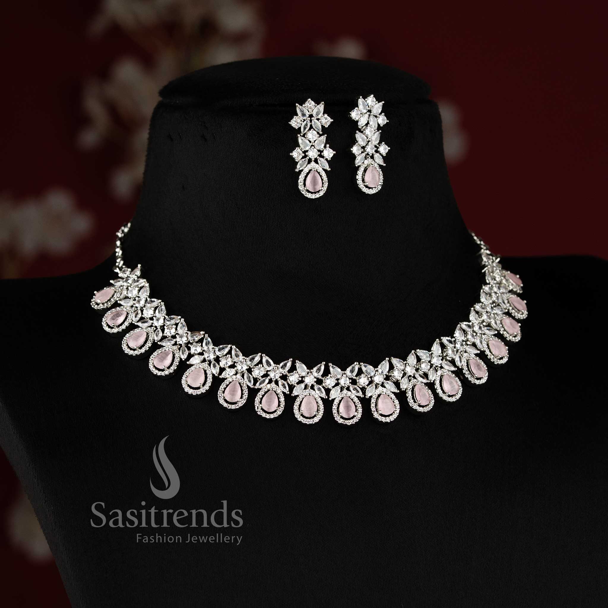 Stylish rhodium silver necklace jewellery set with sparkling pink American Diamonds