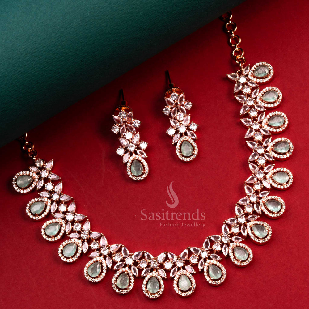 Charming Rose Gold Plated AD Necklace with Sparkling Mint Stones - Women's Fashion Jewelry - -Sasitrends
