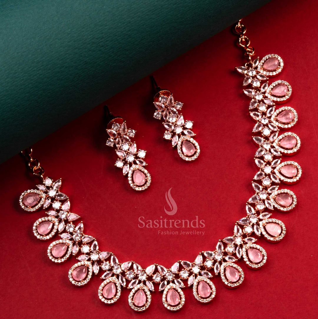 Charming Rose Gold Plated AD Necklace with Sparkling Pink Stones - Women's Fashion Jewelry - Sasitrends