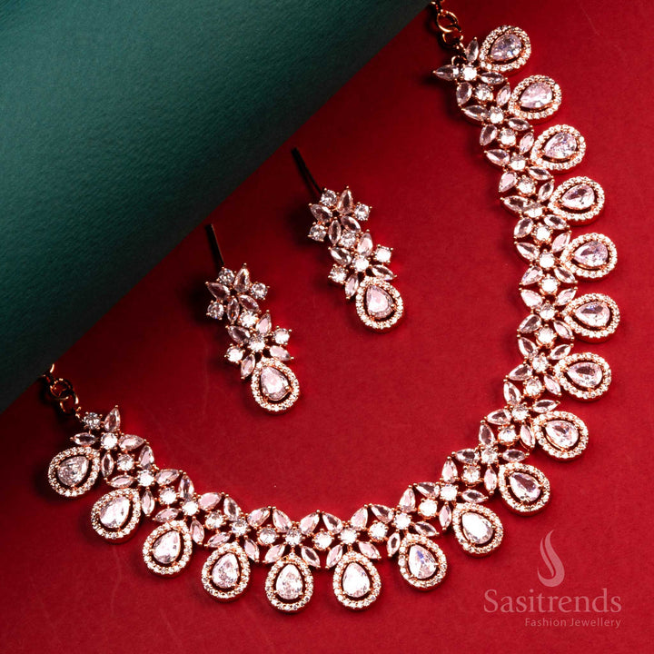 Charming Rose Gold Plated AD Necklace with Sparkling white Stones - Women's Fashion Jewelry