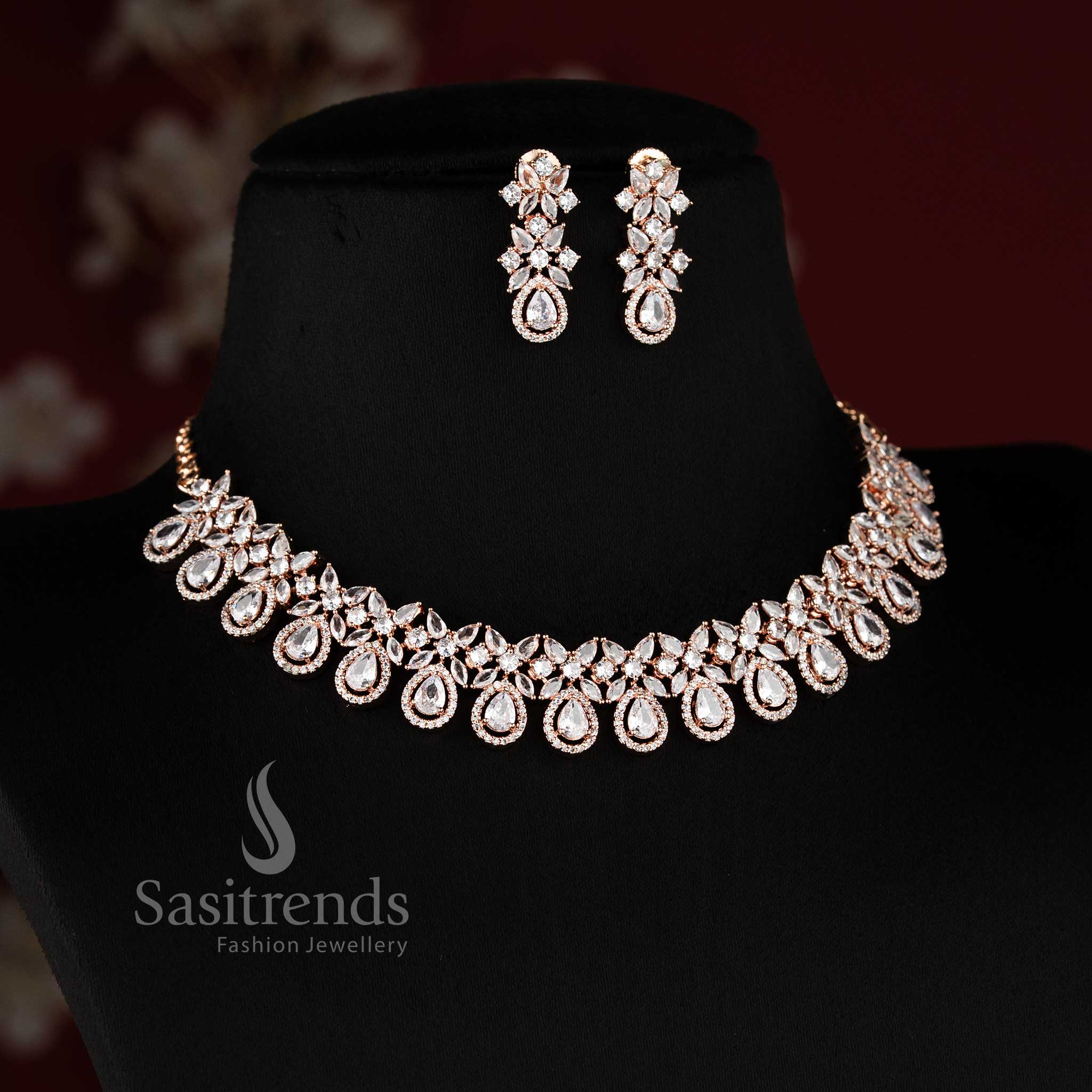 Bridal party wear white American Diamond necklace set with matching earrings for women.