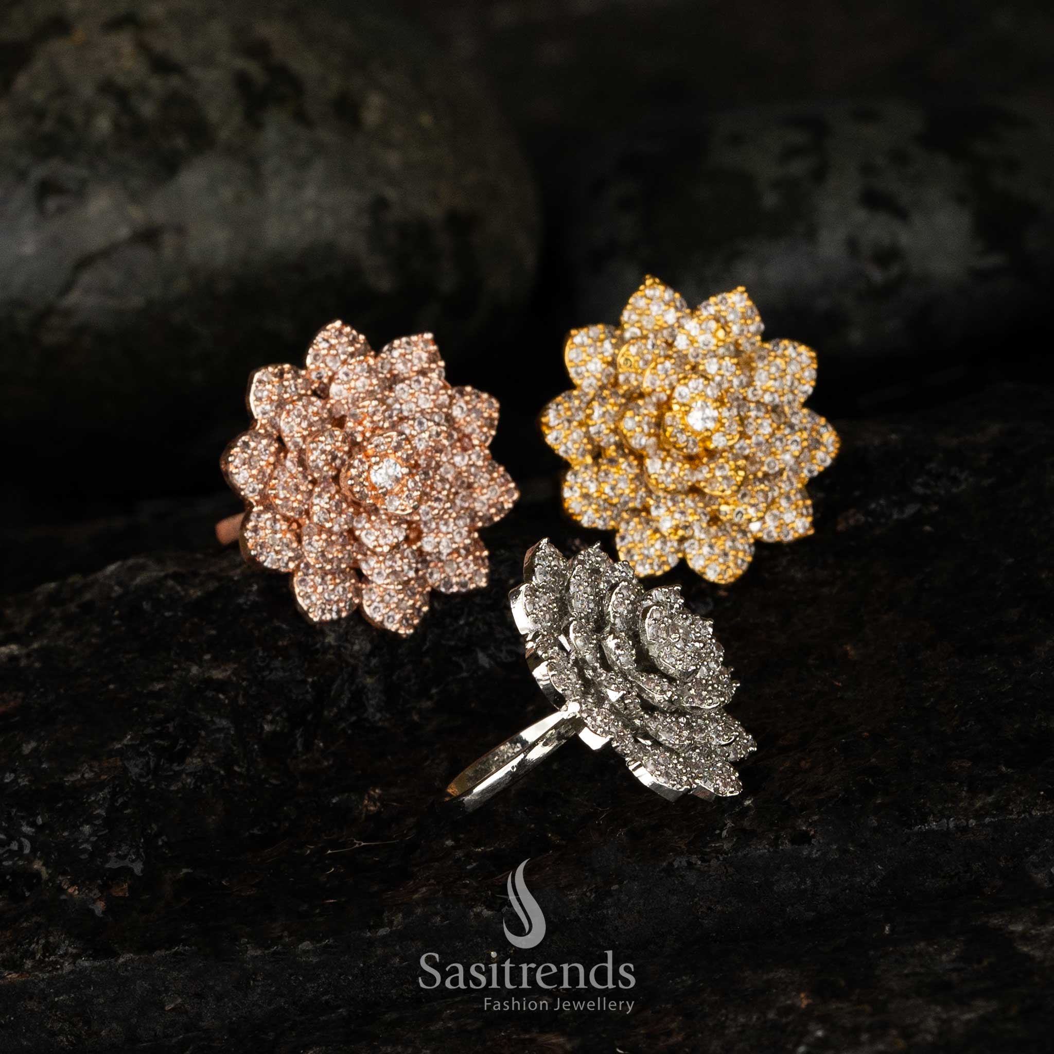 Gold silver and rose gold lotus statement rings for wedding and festive wear - Sasitrends