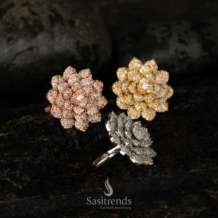 Gold silver and rose gold lotus statement rings for wedding and festive wear - Sasitrends