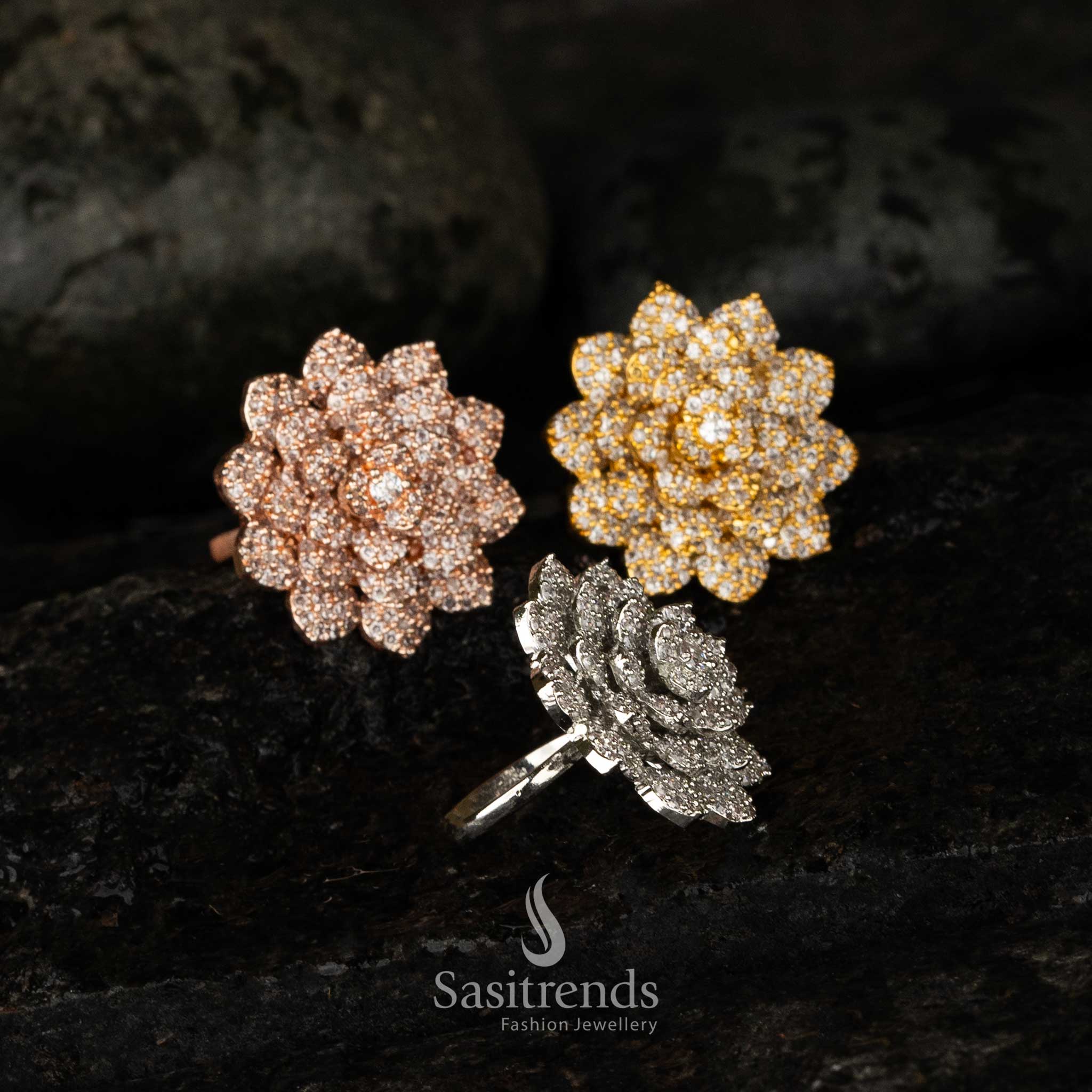 American Diamond lotus bloom brass statement ring collection in gold silver and rose gold - Sasitrends