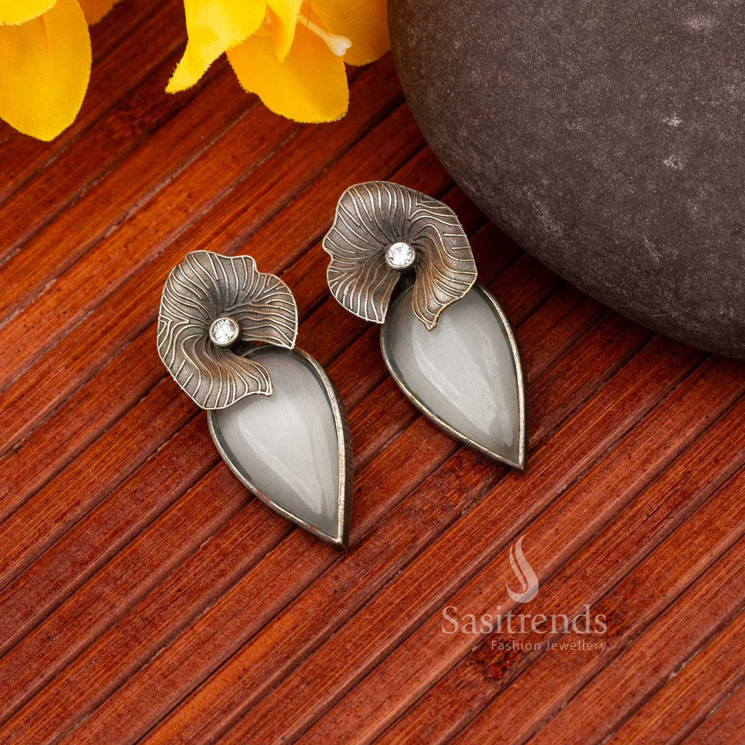 Stylish Oxidised Silver Look-Alike Freya Stud Earrings with Stone Detail - Sasitrends