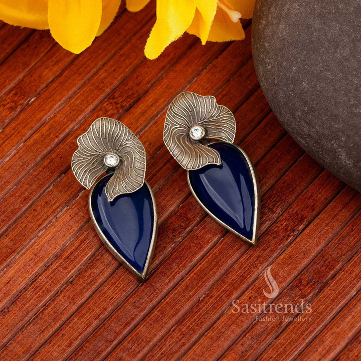 Elegant Freya Blue Stud Earrings in Oxidised Silver Finish with Stone Accents 
