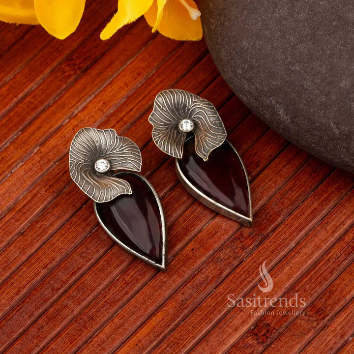 Espresso maroon stone with oxidised silver floral accent Freya stud earrings