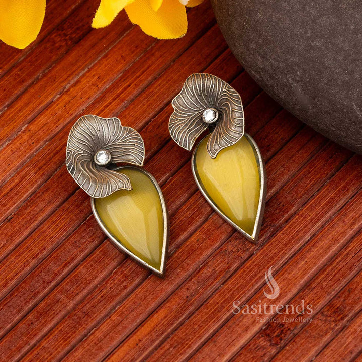  Yellow stone with oxidised silver floral accent Freya stud earrings