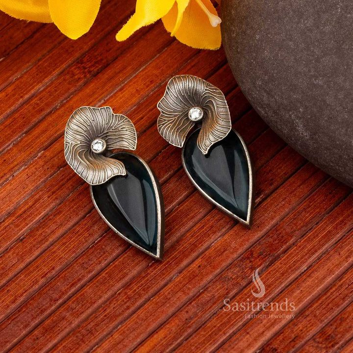 Peacock Blue stone with oxidised silver floral accent Freya stud earrings navarathiri special