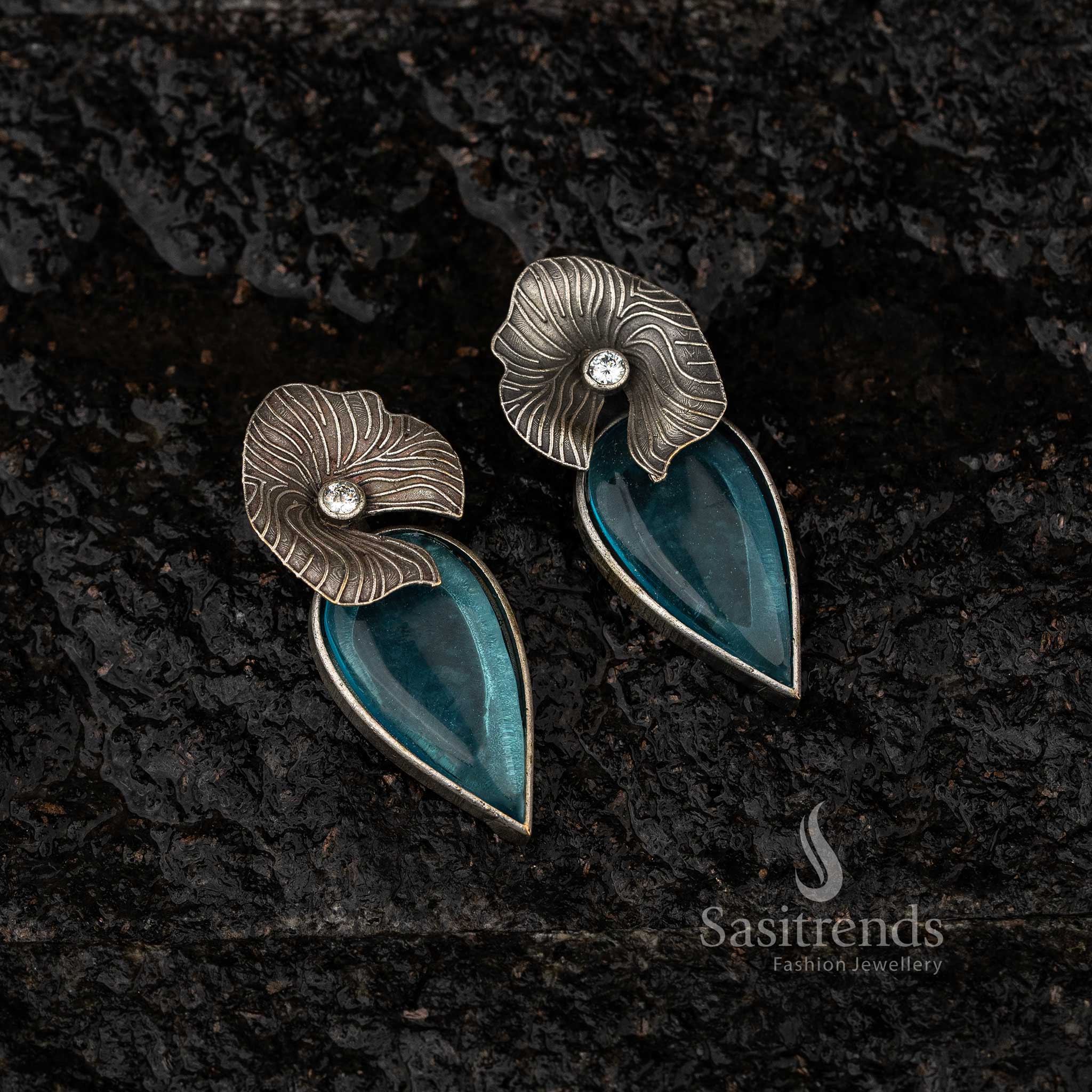 Stylish Oxidised Silver Look-Alike Freya Stud Earrings with Stone Detail - Sasitrends