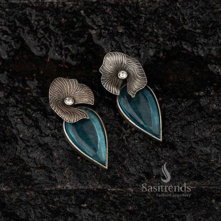 Stylish Oxidised Silver Look-Alike Freya Stud Earrings with Stone Detail - Sasitrends