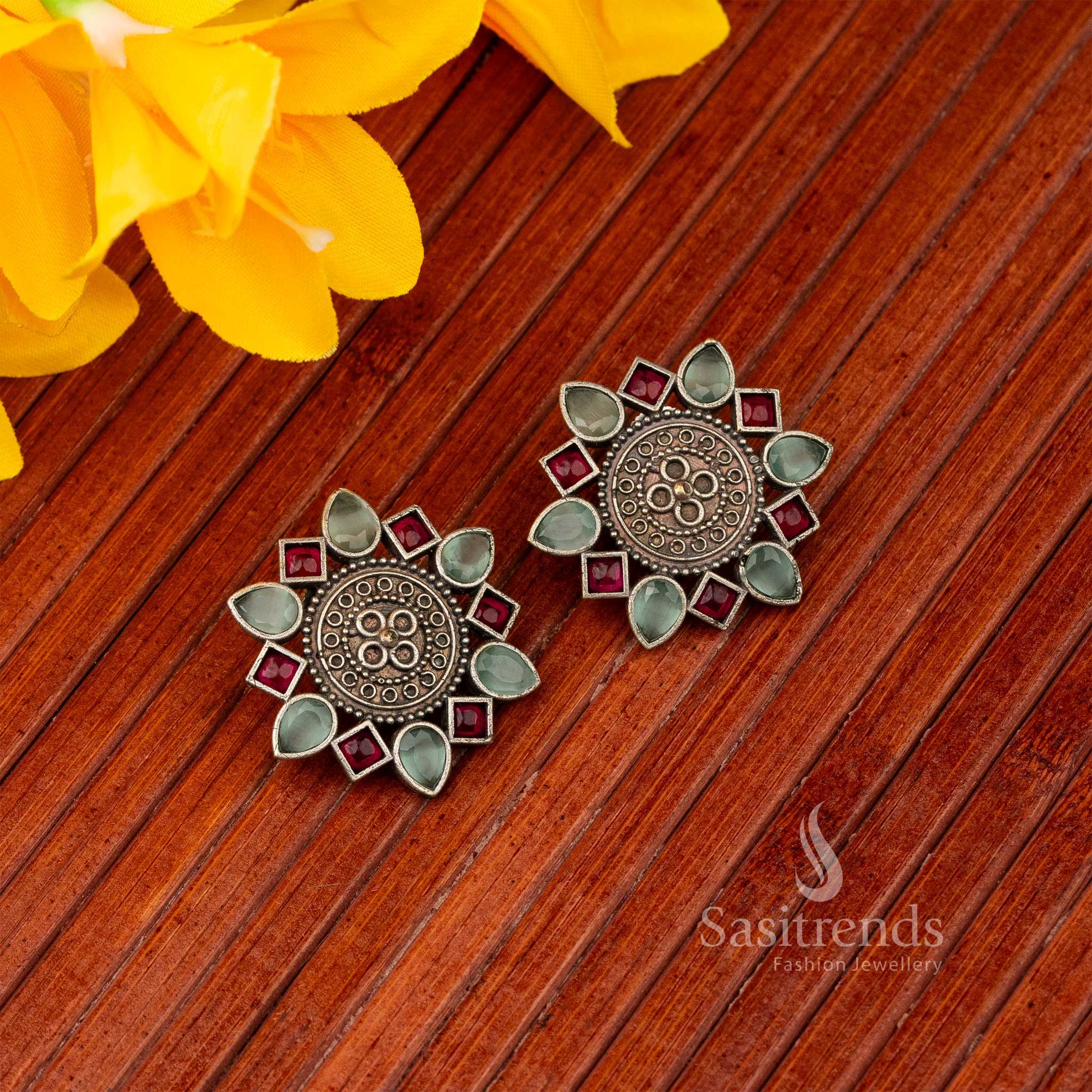 Oxidised silver mandala stud earrings with mint and ruby accents navarathiri special