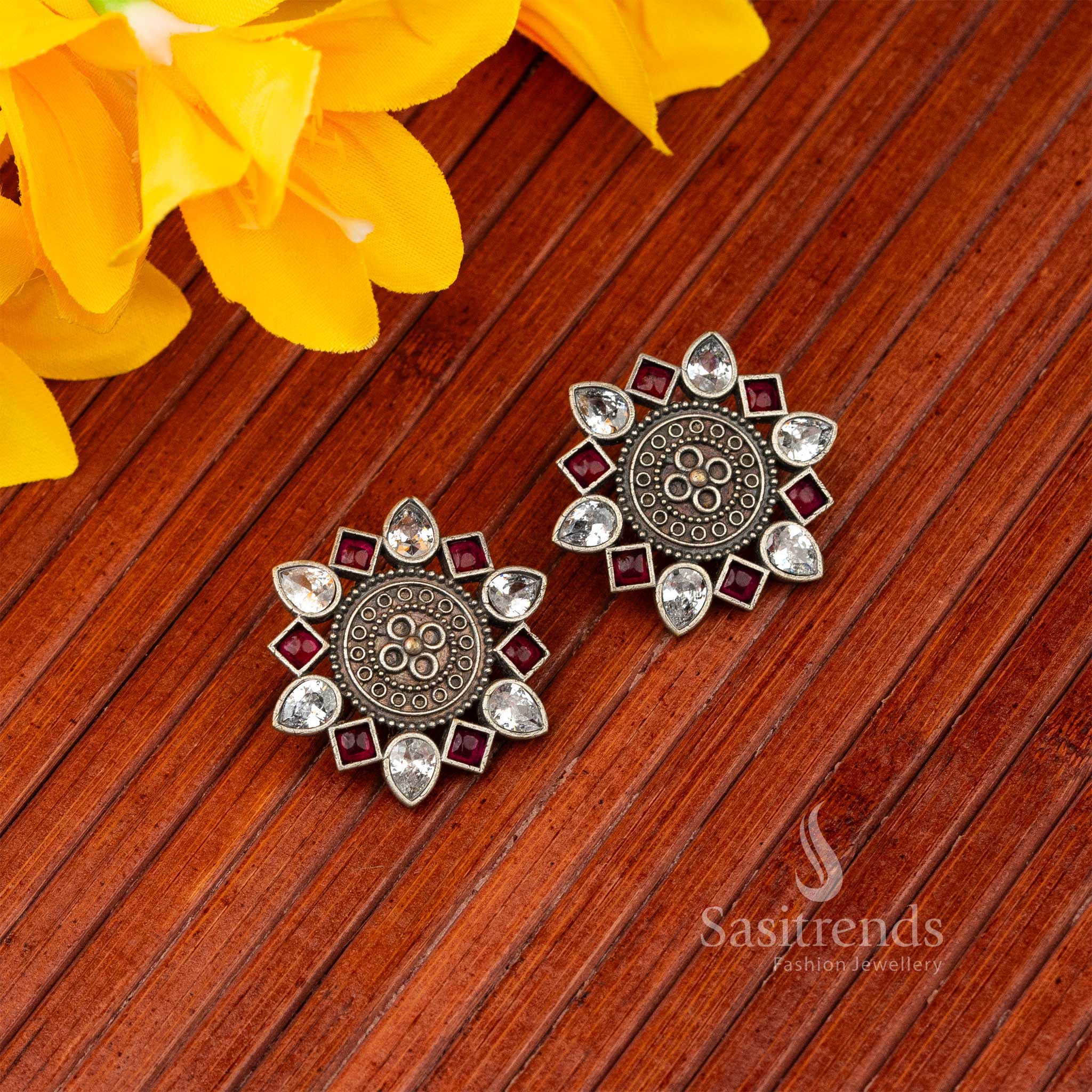 Radiant Mandala Stud Earrings Oxidised Ruby White Accents Online Shopping
