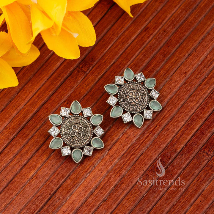 Radiant Mandala Stud Mint White Oxidised Navarathiri Special Earrings Sasitrends