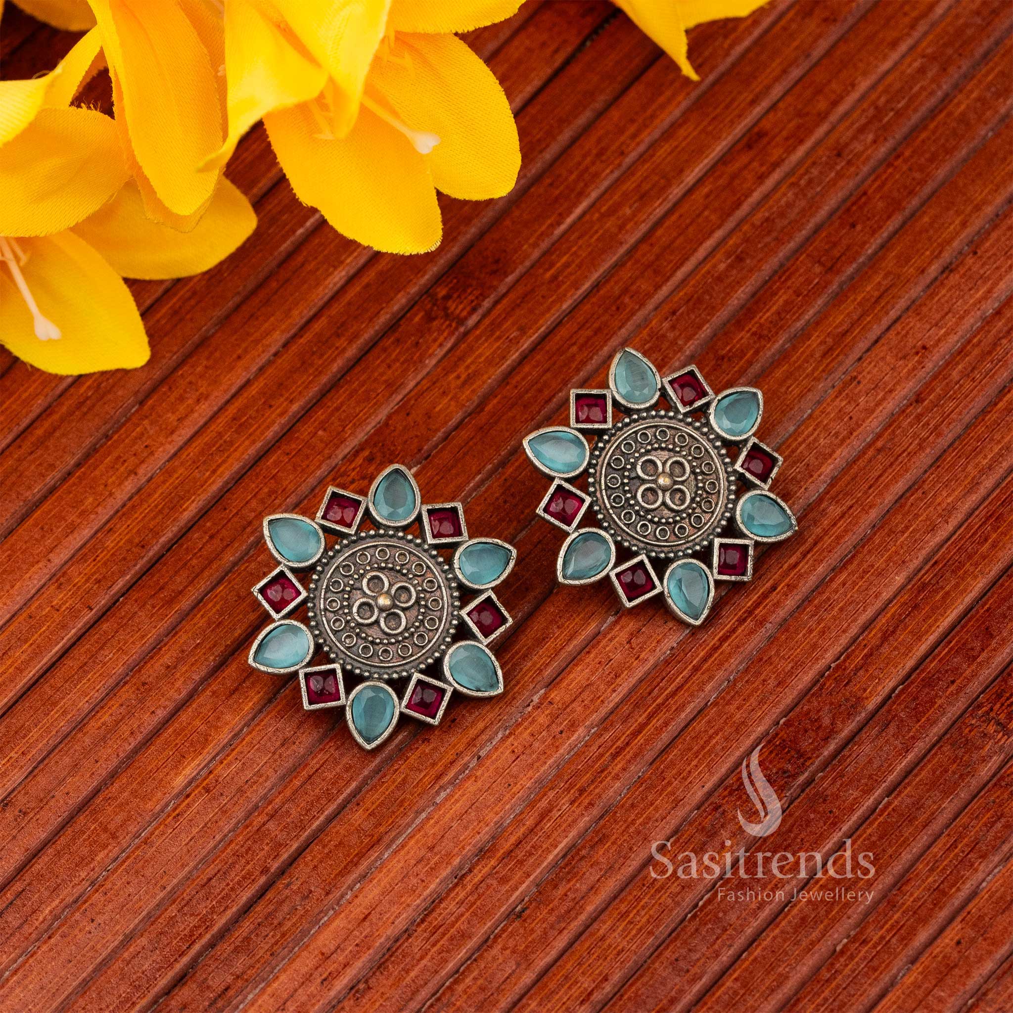 Radiant Mandala Stud Skyblue And Ruby Stone Stud Oxidised Earrings