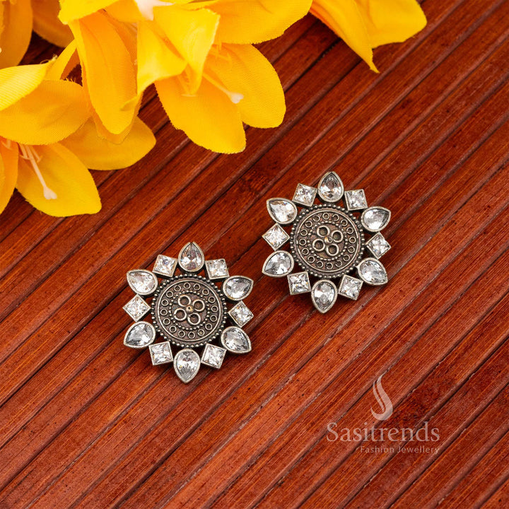 Radiant Mandala Stud Earrings Oxidised Silver White Accents Sasitrends Online Shopping