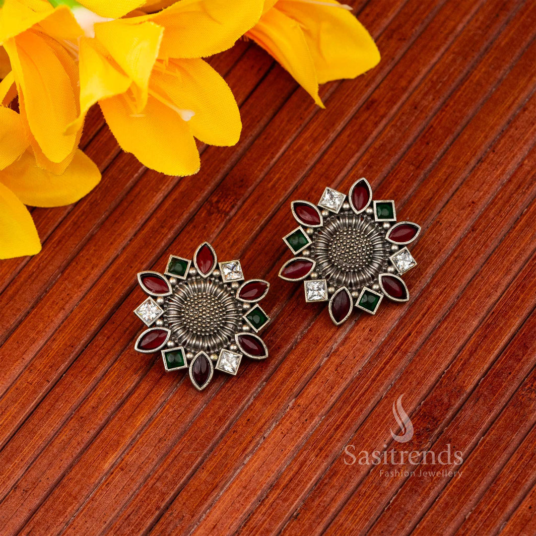 Mantndala Oxidised Multi Color Stone Stud Flower Designer Navarathiri Elegance Earrings